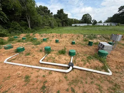 White PVC distribution piping and green risers across a septic field
