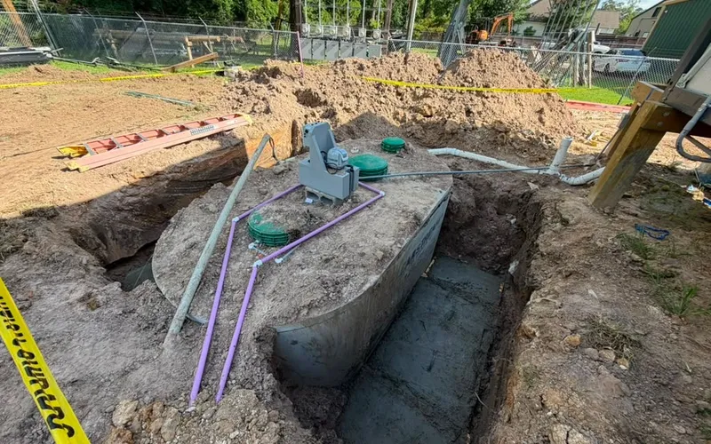 Septic tank set in an excavation with piping and caution tape