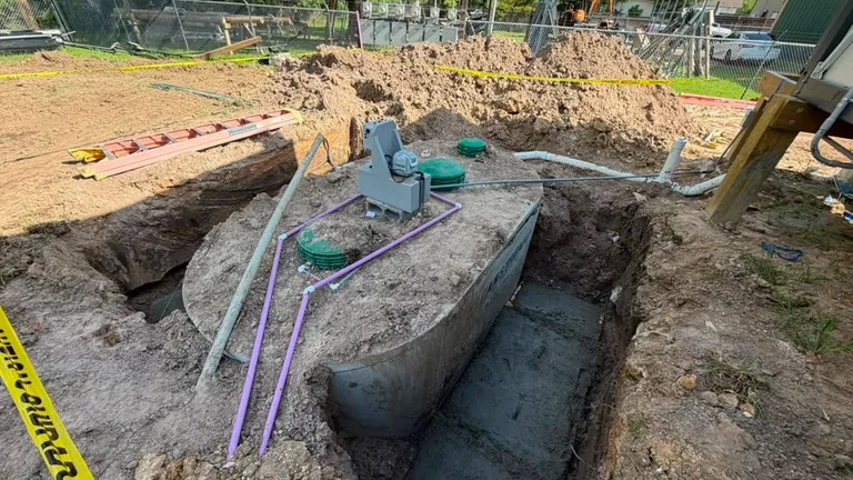 Septic tank set in an excavation with piping and caution tape