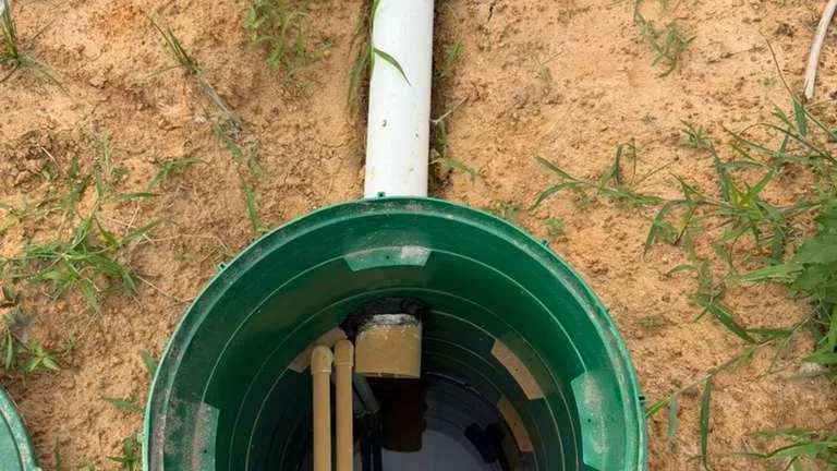 Open green riser lid showing the pump chamber of a septic system
