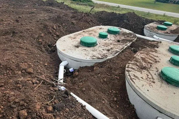Septic tanks with green lids and white piping at a new development