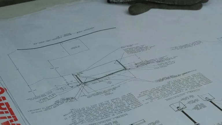 Technical drawings and a permit seal on a table