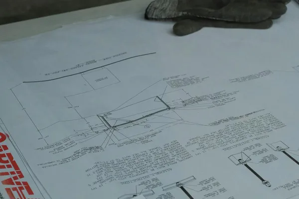 Technical drawings and a permit seal on a table, representing septic permit paperwork