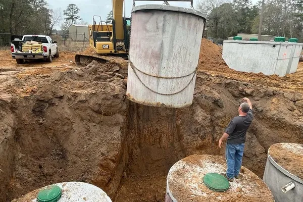 Excavator lowering a concrete septic tank into the ground during installation